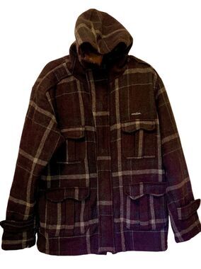 Vintage Matix Marc Johnson Amaretto Plaid Wool Hooded Skate Jacket Gray Brown L
